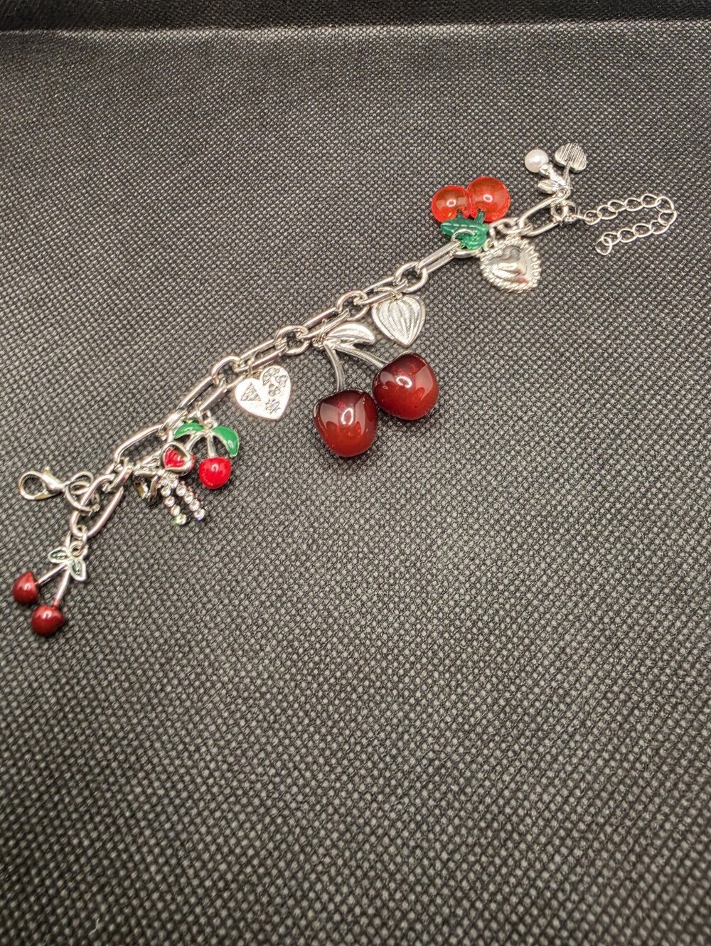 Cherry Charm Bracelet - Red Enamel Dangle Charms. Silver Color.